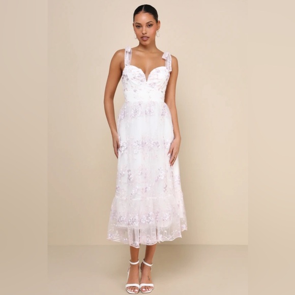 Lulu’s Distinctly Sweet White Floral Embroidered Tie-Strap Midi Dress. - Picture 1 of 7